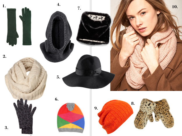 1. Długie kaszmirowe rękawiczki Zara 12 zł 2. Szalik Topshop 75 zł 3. Rękawiczki Mango 39 zł 4. Kołnierz H&M 49 zł 5. Kapelusz H&M 59 zł 6. Czapka Solar 99 zł 7. Fular Reserved 59,90 zł 8. Rękawiczki River Island 59 zł 9. Czapka Topshop 59 zł 10. Szalik Asos 59 zł