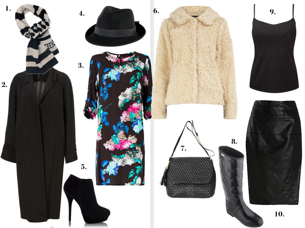 Sukienka Mango 109 zł, Płaszcz Topshop 599 zł, Kapelusz Sesst 110 zł, Botki Deezee.pl 119, Szalik Solar 179 zł, Spódnica River Island 299 zł, Kurtka Dorothy Perkins 199 zł, Top Panache 174 zł, Kalosze Hunter 649 zł, Torba Barada 2128 zł
