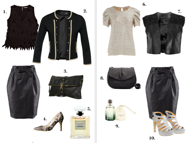 Top Answear.com 269 zł, Marynarka Sesst 269 zł, Torebka Topshop 129 zł, Buty H&M 149 zł, Perfumy Allure Sensuelle Chanel 427 zł/75 ml, Bluzka Dorothy Perkins 129 zł, Bolerko Minimarket  1299 zł, Torebka Mango 39 zł, Perfumy L’Essence Balenciaga 424 zł/75 ml, Buty Simple 600 zł