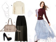 Spódnica Topshop 279 zł, Buty Deezee.pl 109 zł, Sweter River Island 99 zł, Torebka Ochnik 499 zł, Naszyjnik Top Secret 39 zł