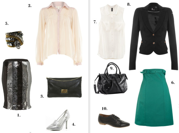 1. Spódnica Topshop 109 zł, 2. Bluzka Dorothy Perkins 149 zł, 3. Torebka Miss Selfridge 79 zł, 4. Buty River Island 289 zł, 5. Bransoletka Delamo 199 zł, 6. Spódnica Aryton wzór 7. Bluzka H&M 59,90 zł, 8. Marynarka Tally Weijl 279 zł, 9. Torba H&M 129,90 zł, 10. Buty Bronx/Asos.com 249 zł,