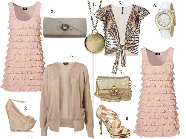 Naszyjnik Nixon 619 zł, Buty Deezee.pl wzór, Kopertówka Dorothy Perkins 99 zł, Kardigan Topshop 219 zł, Bolerko Mango 599 zł, Zegarek DKNY 709 zł, Torebka River Island 39 zł, Sandały New Look 119 zł
