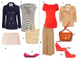 Płaszcz Mango 249 zł, Bluzka Dorothy Perkins 99 zł, Szorty Camaieu 99 zł, Torebka Topshop 199 zł, Buty Zara 129 zł, Bluzka Solar 89 zł, Kurtka Mango 499 zł, Spódnica River Island 149 zł, Torba Mohito 99 zł, Buty Zara 199 zł